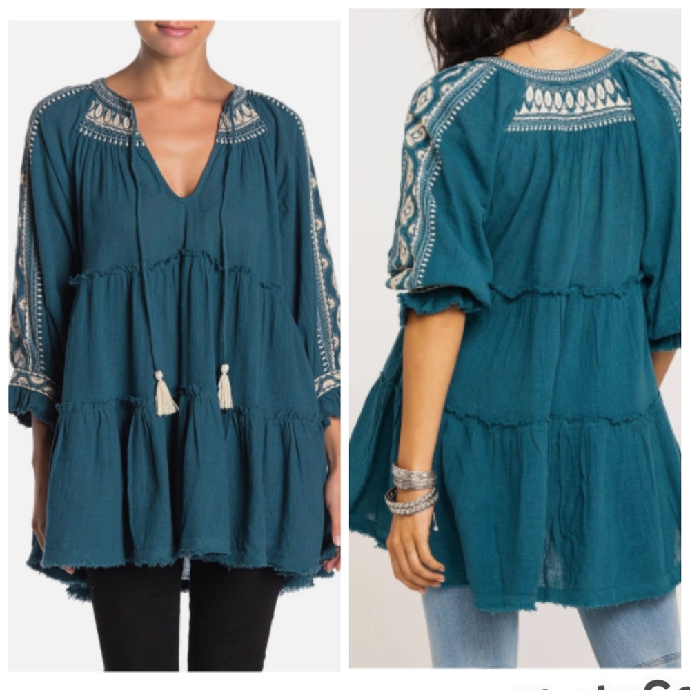 FREE PEOPLE WOMEN'S DREAMWEAVER EMBROIDERED TUNIC TOP BLUE
